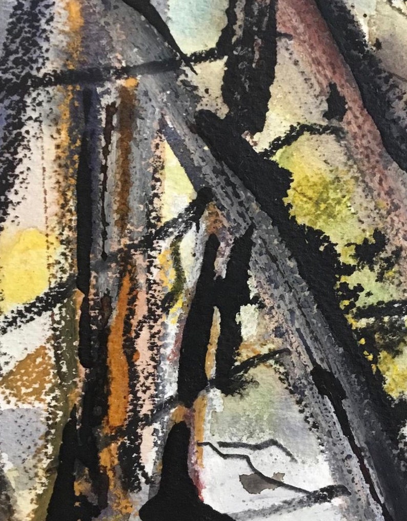 Puede incluir: Pintura abstracta de acuarela con pintura negra, marr&oacute;n, gris y amarilla. La pintura tiene un aspecto texturizado y parece ser de una escena de bosque.