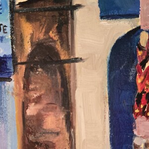 May include: An abstract oil painting depicting architectural elements. The artwork features a brown, textured wall, blue accents, and a cream-colored background. The brushstrokes are visible, creating a sense of depth and texture. The painting evokes a Mediterranean or European theme.