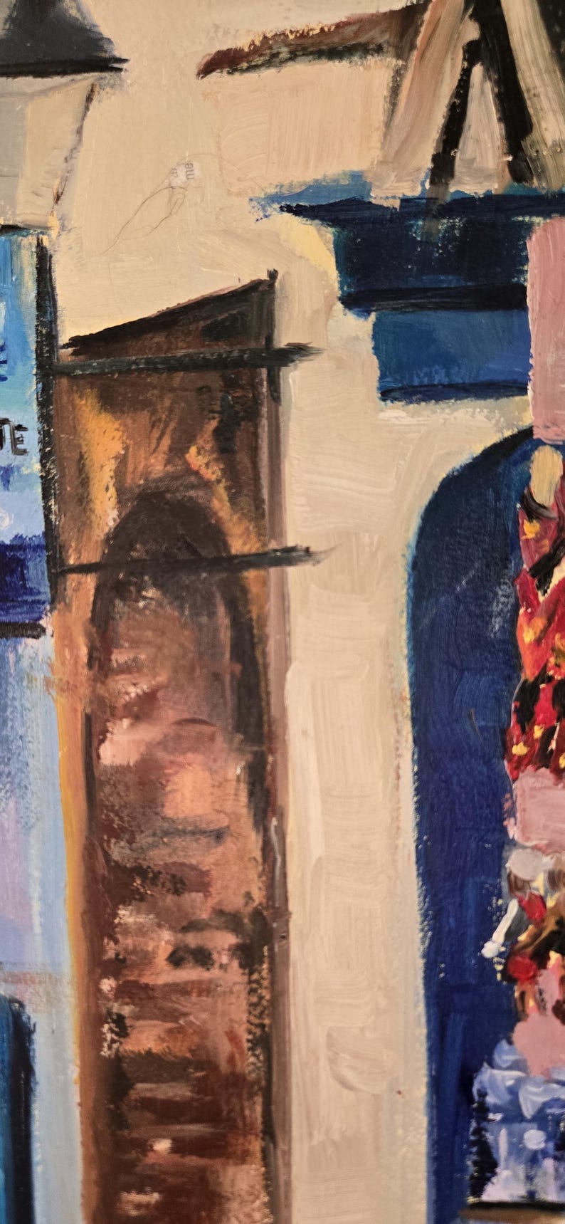 May include: An abstract oil painting depicting architectural elements. The artwork features a brown, textured wall, blue accents, and a cream-colored background. The brushstrokes are visible, creating a sense of depth and texture. The painting evokes a Mediterranean or European theme.