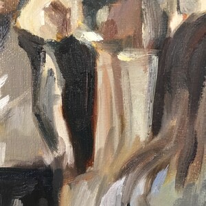 May include: A painting of a group of people in a dimly lit setting. The figures are painted in a loose, impressionistic style with brushstrokes visible. The colors are muted and earthy, with shades of brown, gray, and white dominating the composition.