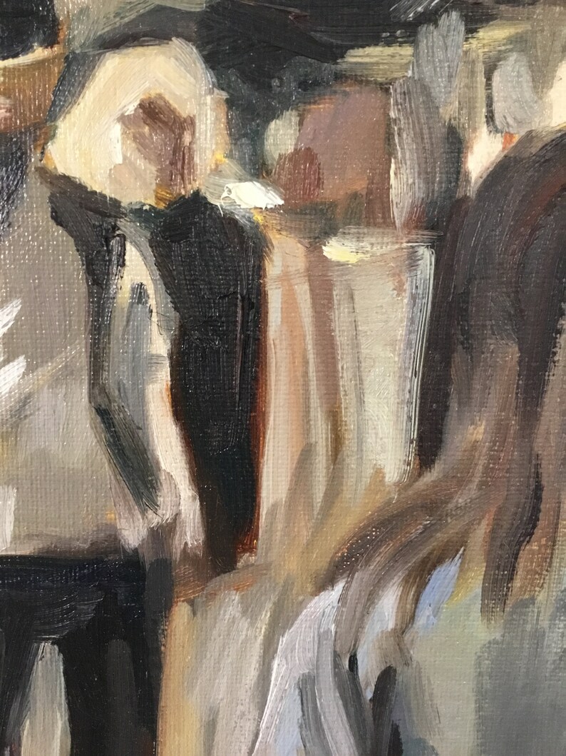 May include: A painting of a group of people in a dimly lit setting. The figures are painted in a loose, impressionistic style with brushstrokes visible. The colors are muted and earthy, with shades of brown, gray, and white dominating the composition.