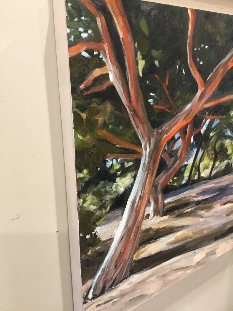May include: Oil painting of a tree with reddish-orange bark and a light-colored trunk. The painting is set against a backdrop of green foliage and a hint of blue sky. The artwork is framed in a white border.