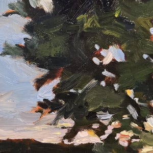 May include: Oil painting of a landscape with a tree in the foreground. The tree has dark green foliage with white and light blue highlights. The background features a yellow field and a light blue sky.