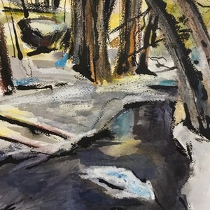 May include: Watercolor painting of a forest scene with tall trees and a stream in the foreground. The trees are painted in shades of brown and black, and the stream is a light blue color. The painting is signed "R. Bignell" in the lower right corner.