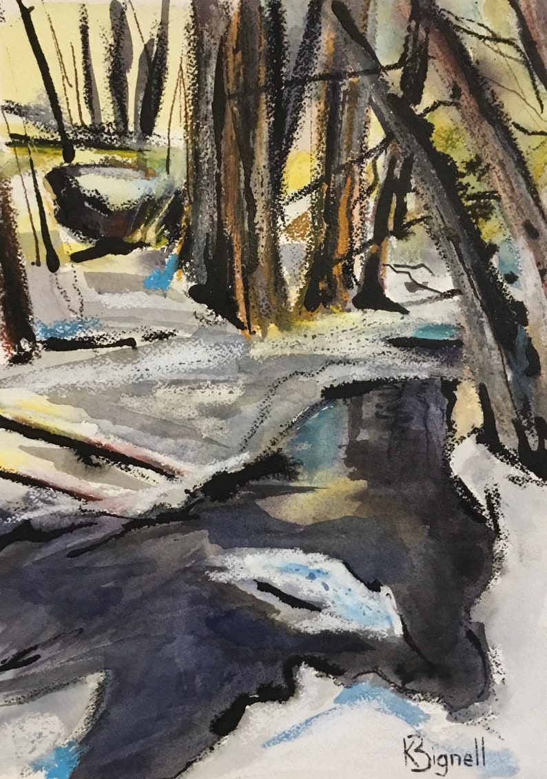 May include: Watercolor painting of a forest scene with tall trees and a stream in the foreground. The trees are painted in shades of brown and black, and the stream is a light blue color. The painting is signed "R. Bignell" in the lower right corner.