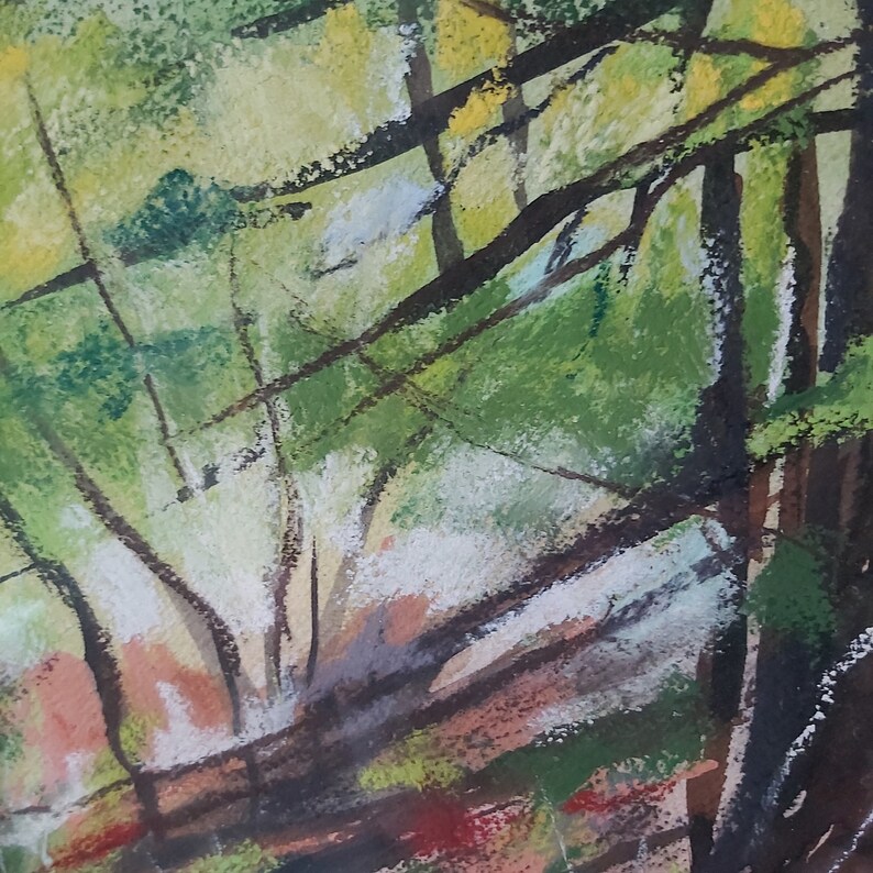 May include: Abstract painting of a forest scene with green, brown, and yellow colors. The painting features thick brushstrokes and a sense of depth.