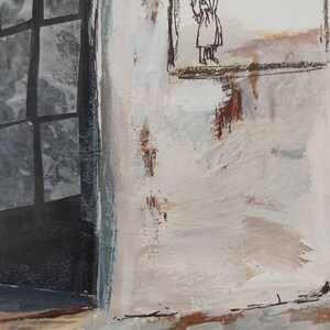 May include: A close-up of a white wall with a window and a small drawing of a person in a coat. The wall is painted with a textured, layered effect, with hints of brown and pink.