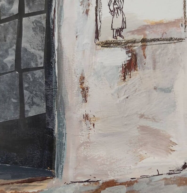 May include: A close-up of a white wall with a window and a small drawing of a person in a coat. The wall is painted with a textured, layered effect, with hints of brown and pink.