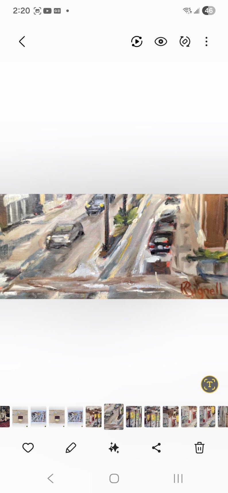 May include: An oil painting depicting a city street scene with cars driving on a sloped road. The artwork features muted colors, with buildings lining the street and a signature in the bottom right corner.
