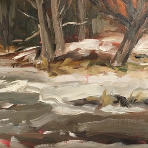 May include: A painting of a snowy forest scene with brown trees and a white stream in the foreground.