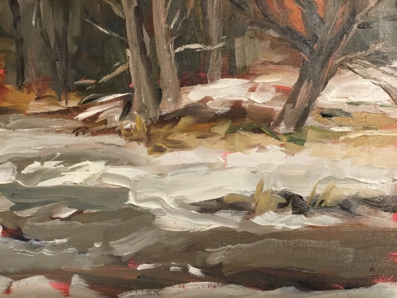 May include: A painting of a snowy forest scene with brown trees and a white stream in the foreground.