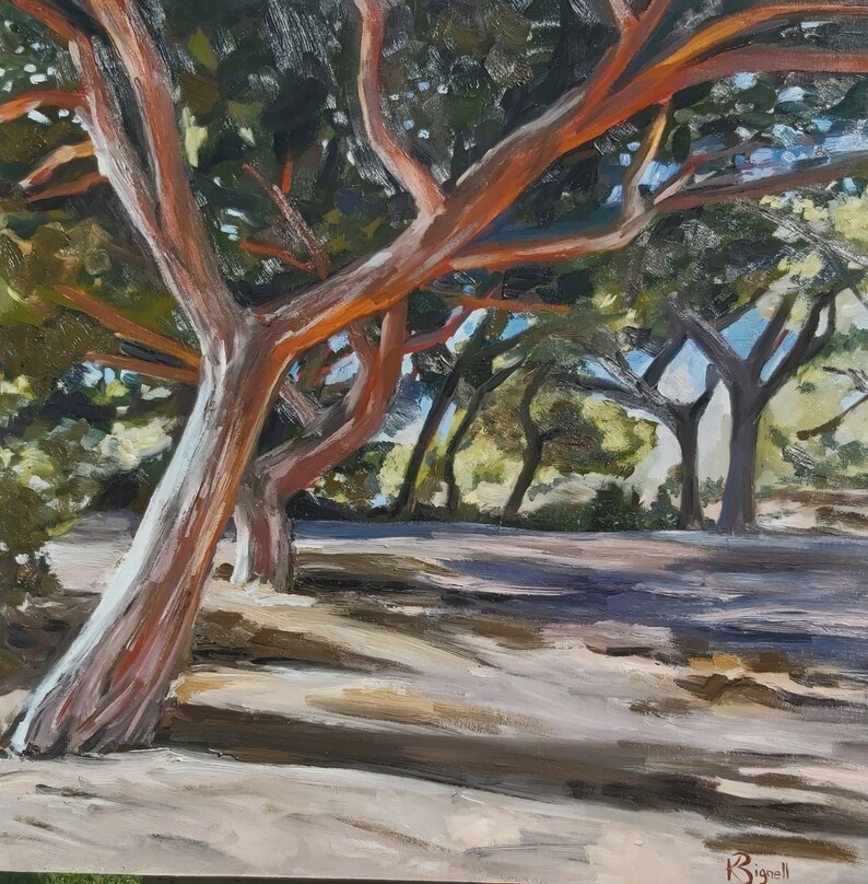May include: An oil painting depicts a sunlit forest scene. The foreground features trees with reddish-brown trunks and branches, contrasted by green foliage. Shadows stretch across the sandy ground, with glimpses of blue sky visible through the trees. The artist's signature is in the bottom right corner.