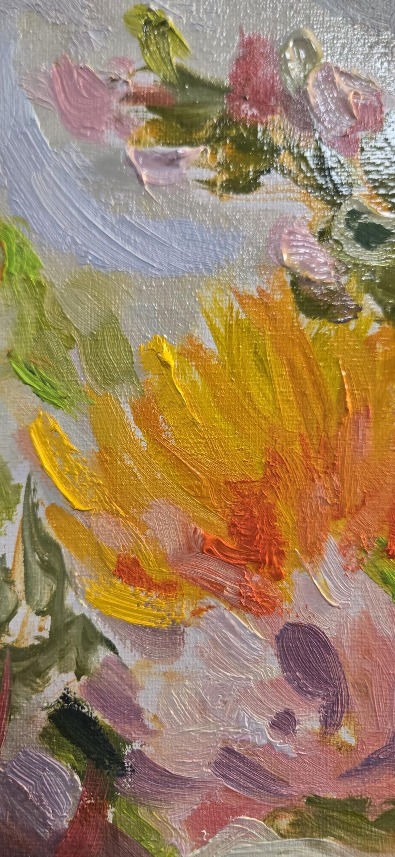May include: Close-up of an abstract oil painting featuring vibrant brushstrokes. The artwork showcases a burst of yellow and orange hues, complemented by pink, purple, and green tones. The textured strokes create a dynamic and expressive floral composition.