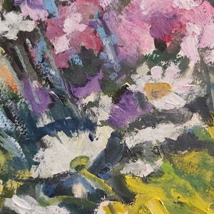 May include: Abstract painting with a mix of purple, pink, white, yellow, and green paint. The paint is applied in thick strokes, creating a textured surface.