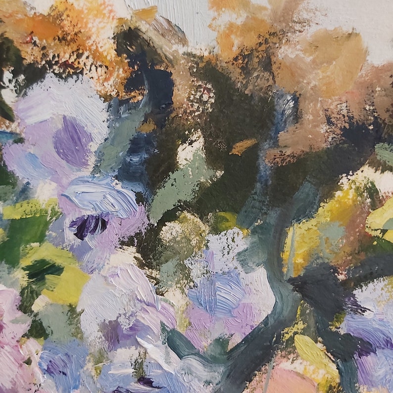 May include: Abstract painting with a mix of purple, blue, green, and yellow hues. The painting features thick brushstrokes and a textured surface.