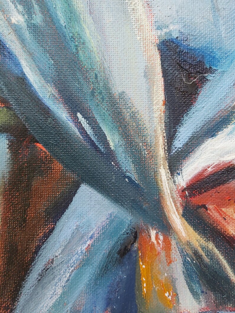May include: Abstract painting with bold strokes of blue, white, orange, and red paint on a textured canvas.