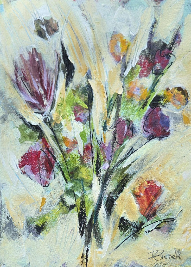 Pode incluir: Uma pintura abstrata apresentando um buqu&ecirc; de flores em tons de vermelho profundo, roxo, laranja e verde sobre um fundo amarelo p&aacute;lido. A obra utiliza pinceladas vis&iacute;veis e linhas escuras para definir as formas florais, assinada Bignell.