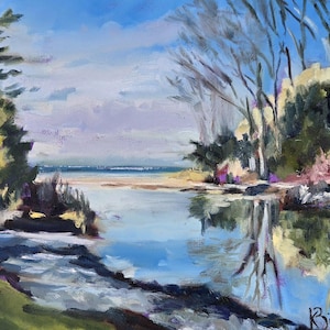 May include: A painting of a river scene with trees on the banks and a blue sky with clouds. The water is reflecting the sky and trees. The painting is done in a loose, impressionistic style.