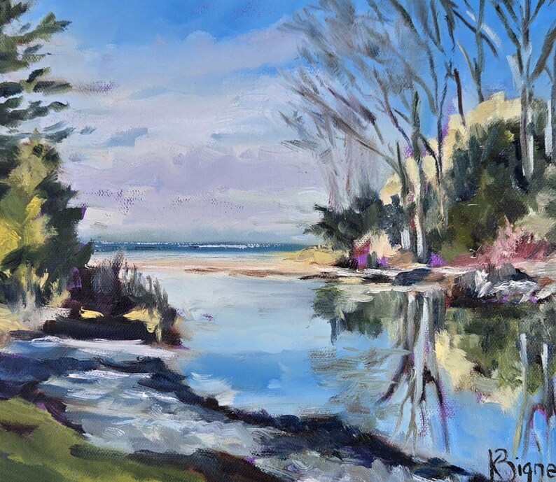 May include: A painting of a river scene with trees on the banks and a blue sky with clouds. The water is reflecting the sky and trees. The painting is done in a loose, impressionistic style.