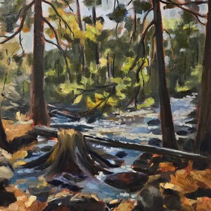May include: An oil painting of a forest scene with a stream. The artwork features tall trees, a flowing stream, and a tree stump in the foreground. The color palette includes greens, browns, and blues, creating a naturalistic landscape.