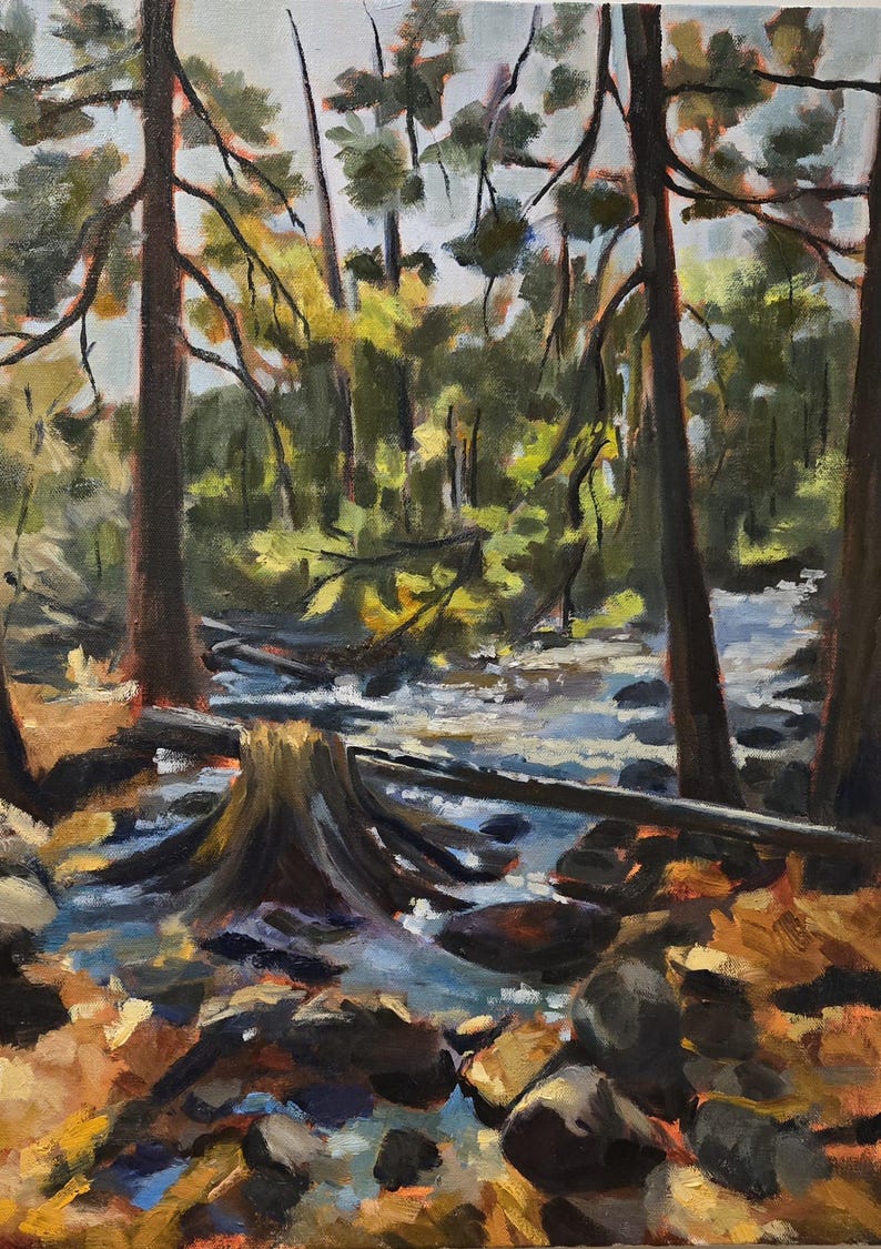 May include: An oil painting of a forest scene with a stream. The artwork features tall trees, a flowing stream, and a tree stump in the foreground. The color palette includes greens, browns, and blues, creating a naturalistic landscape.