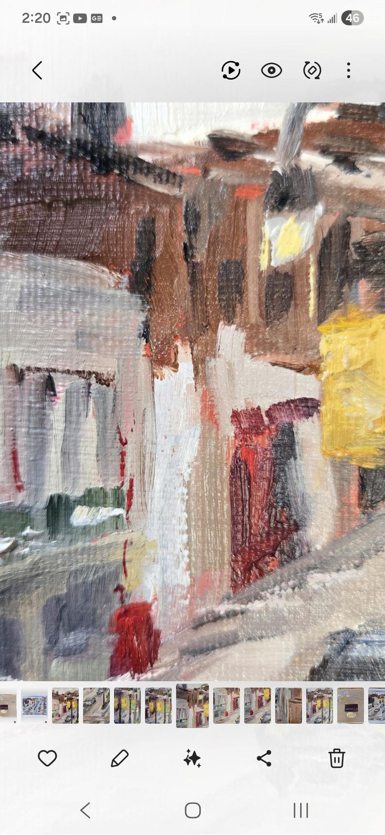 May include: Abstract oil painting with visible brushstrokes. The artwork features a cityscape with buildings in shades of brown, white, and gray, accented by red and yellow. The style is impressionistic.