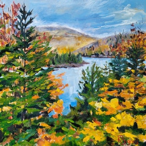 オリジナル油絵、絵画オリジナル、モントランブラン、ケベック、ナンテル湖、紅葉、オートムヌ・ダン・レ・ローランティッド