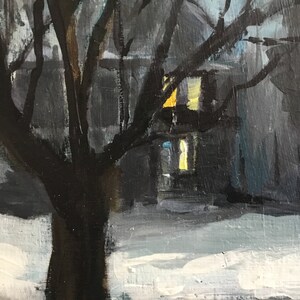 May include: An oil painting depicts a winter night scene. A dark tree dominates the foreground, with bare branches reaching across the sky. Illuminated windows of a house glow with warm light against the cool, dark background. Snow covers the ground.