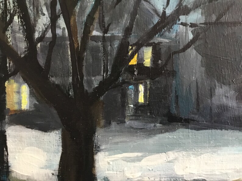 May include: An oil painting depicts a winter night scene. A dark tree dominates the foreground, with bare branches reaching across the sky. Illuminated windows of a house glow with warm light against the cool, dark background. Snow covers the ground.