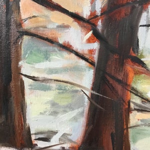 May include: A painting of two brown tree trunks with branches in the foreground. The background is a blurry, light blue and white landscape.