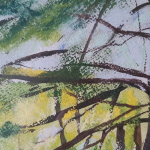 May include: Abstract painting with a green, yellow, and white color scheme. The painting features a series of overlapping lines and shapes, creating a sense of depth and movement.