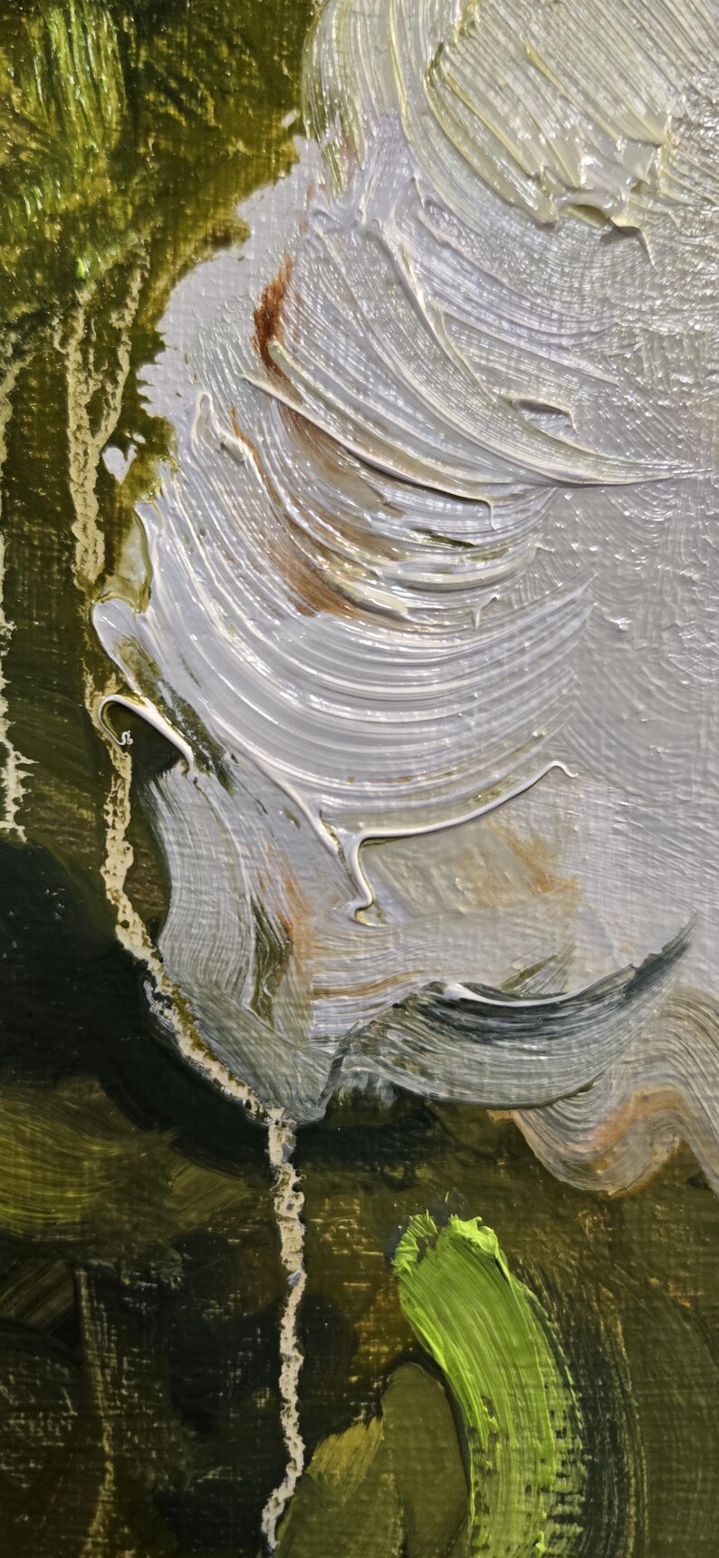 May include: Close-up of an abstract oil painting with thick brushstrokes. The artwork features a blend of colors, including white, gray, green, and brown. The texture is visible, with the paint applied in a layered, impasto style.