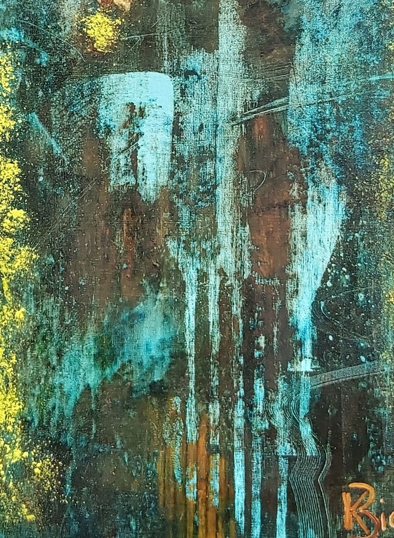 May include: Abstract painting with a blue, green, and yellow color scheme. The painting has a textured surface and appears to be made with multiple layers of paint.