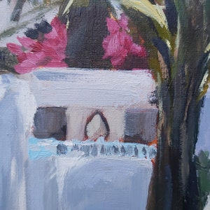 May include: A close-up of a painting depicting a white vase with pink flowers and green leaves. The vase is partially obscured by a dark green plant.