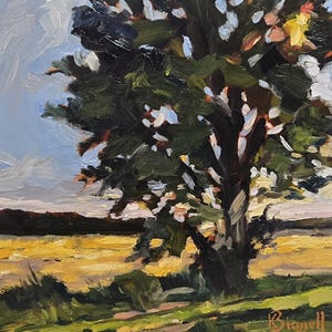 May include: Oil painting depicting a tree in a field. The tree's leaves are dark green, with a dark trunk. The field is yellow, and the sky is light blue. The painting is signed in the bottom right corner.