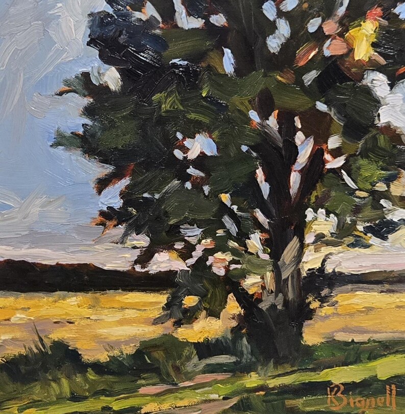 May include: Oil painting depicting a tree in a field. The tree's leaves are dark green, with a dark trunk. The field is yellow, and the sky is light blue. The painting is signed in the bottom right corner.