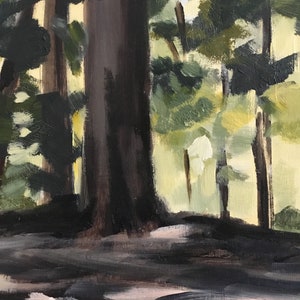 May include: Oil painting of a forest scene with tall, dark tree trunks and green foliage. The artwork uses a palette of dark browns, greens, and yellows to depict a sunlit forest floor. The brushstrokes are visible, adding texture to the landscape.