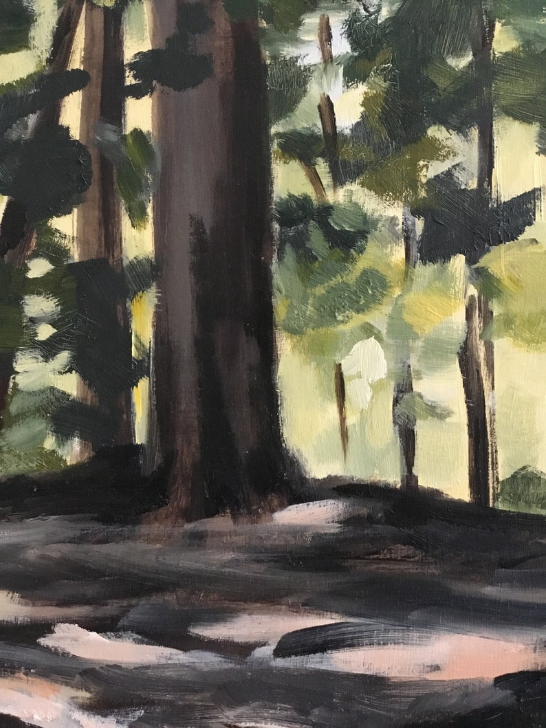 May include: Oil painting of a forest scene with tall, dark tree trunks and green foliage. The artwork uses a palette of dark browns, greens, and yellows to depict a sunlit forest floor. The brushstrokes are visible, adding texture to the landscape.