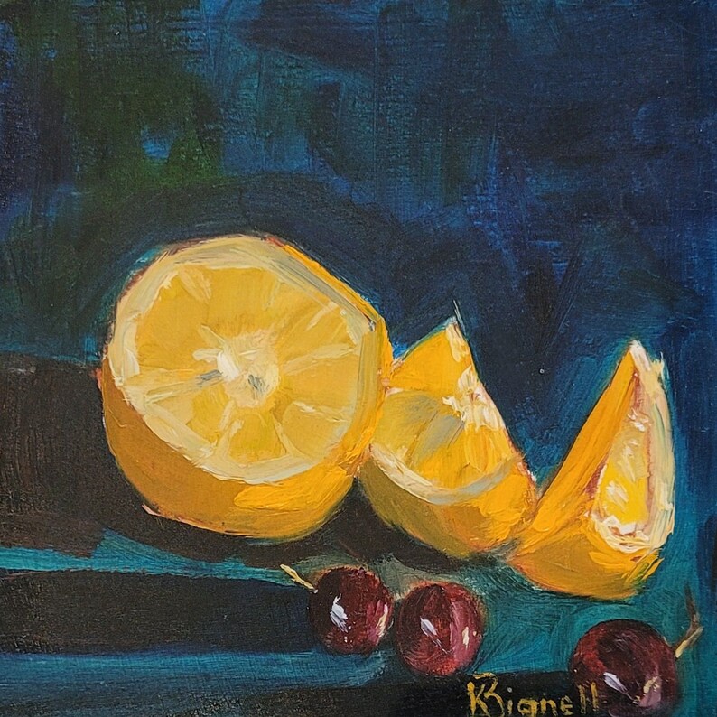 May include: A still life painting of lemons and cherries on a blue background. The lemons are cut in half and the cherries are red.