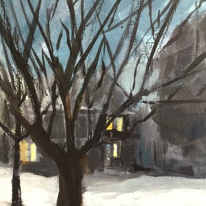 Foggy Winter Night Urban Landscape Painting, Mysterious Nocturne Acrylic Art image 4