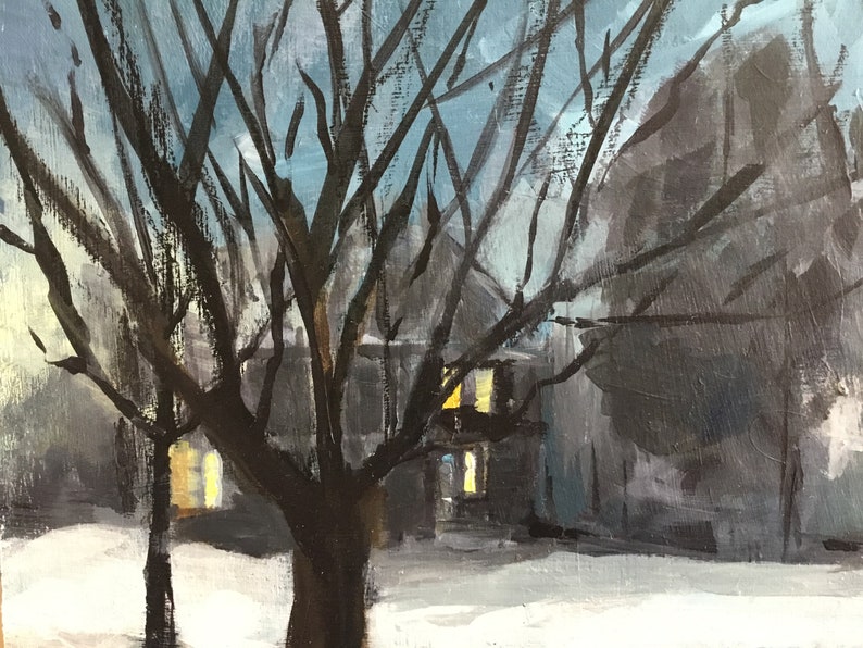 Foggy Winter Night Urban Landscape Painting, Mysterious Nocturne Acrylic Art image 4