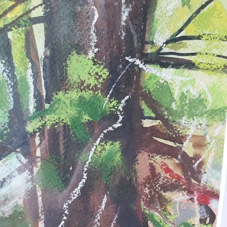 May include: Abstract painting of a forest scene with green, brown, and white paint. The painting features a large tree trunk with branches and leaves.