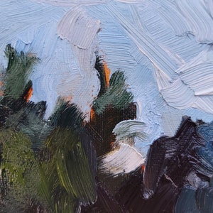 May include: An abstract oil painting showing a landscape with textured brushstrokes. The artwork features dark green trees, orange highlights, and a light blue sky with white clouds. The style is impressionistic.