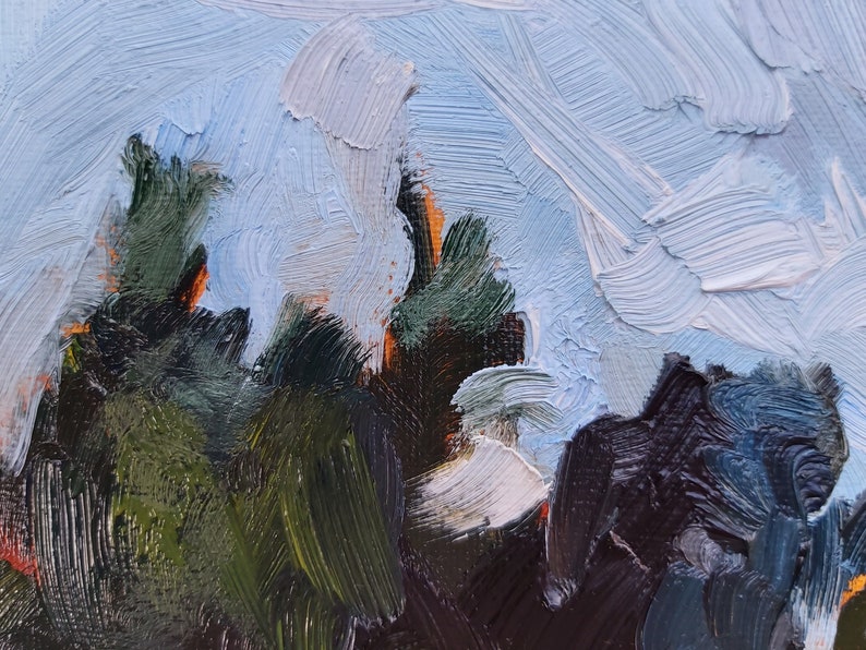 May include: An abstract oil painting showing a landscape with textured brushstrokes. The artwork features dark green trees, orange highlights, and a light blue sky with white clouds. The style is impressionistic.