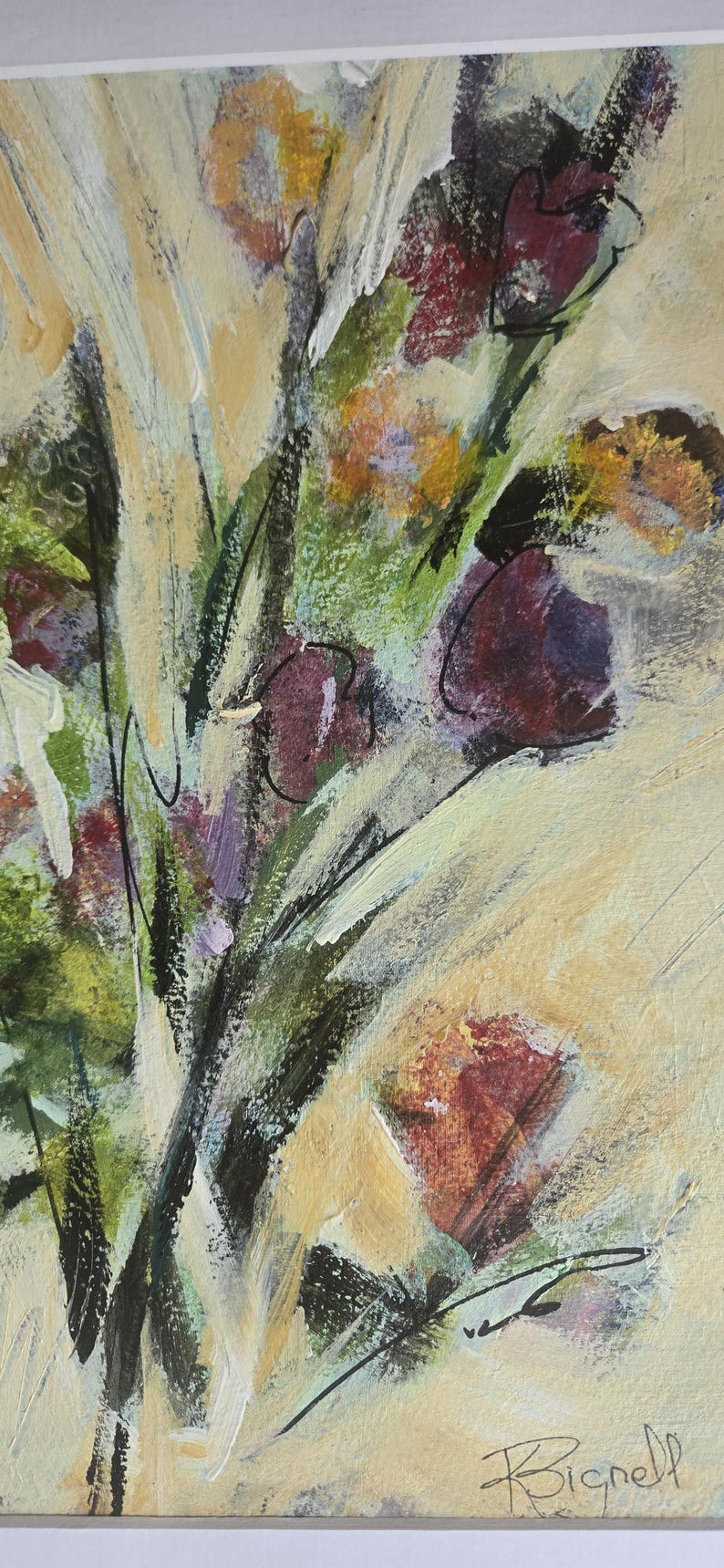 Pode incluir: Uma pintura abstrata com pinceladas expressivas em tons de creme, verde-oliva e bord&ocirc; profundo. A composi&ccedil;&atilde;o retrata formas florais estilizadas com contornos escuros e aplica&ccedil;&atilde;o de tinta texturizada. A assinatura do artista Bignell &eacute; vis&iacute;vel.