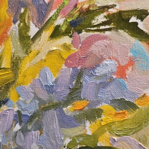 May include: Close-up of an impressionistic oil painting of flowers. The artwork features a vibrant mix of colors, including yellow, pink, purple, and green, applied with visible brushstrokes. The painting evokes a sense of natural beauty and texture.