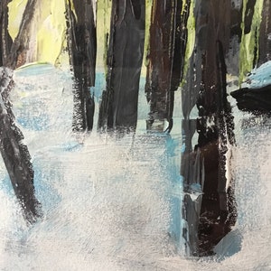 Puede incluir: Una pintura que representa una escena de bosque nevado con &aacute;rboles oscuros y un fondo blanco. La firma del artista, "R. Signell", es visible en la esquina inferior derecha.
