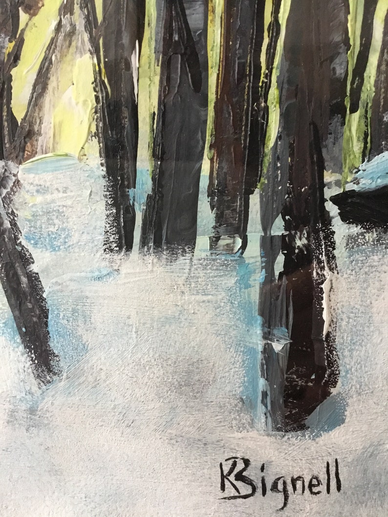 Puede incluir: Una pintura que representa una escena de bosque nevado con &aacute;rboles oscuros y un fondo blanco. La firma del artista, "R. Signell", es visible en la esquina inferior derecha.