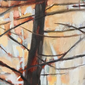 May include: A painting of a tree trunk with branches in the foreground. The background is a blurred, abstract landscape of orange, white, and green.