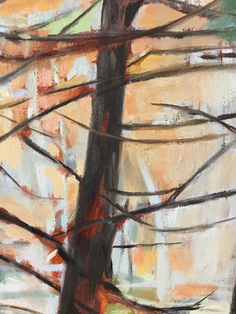 May include: A painting of a tree trunk with branches in the foreground. The background is a blurred, abstract landscape of orange, white, and green.